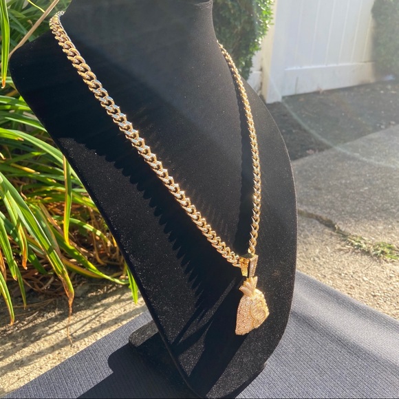 Gold Chain Cuban 8mm and Icy Money Bag Pendant Charm Set - Picture 2 of 8